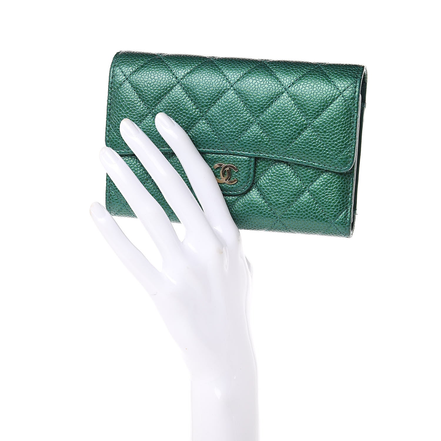 Chanel Metallic Caviar Quilted Medium Flap Wallet Green 2 of 11