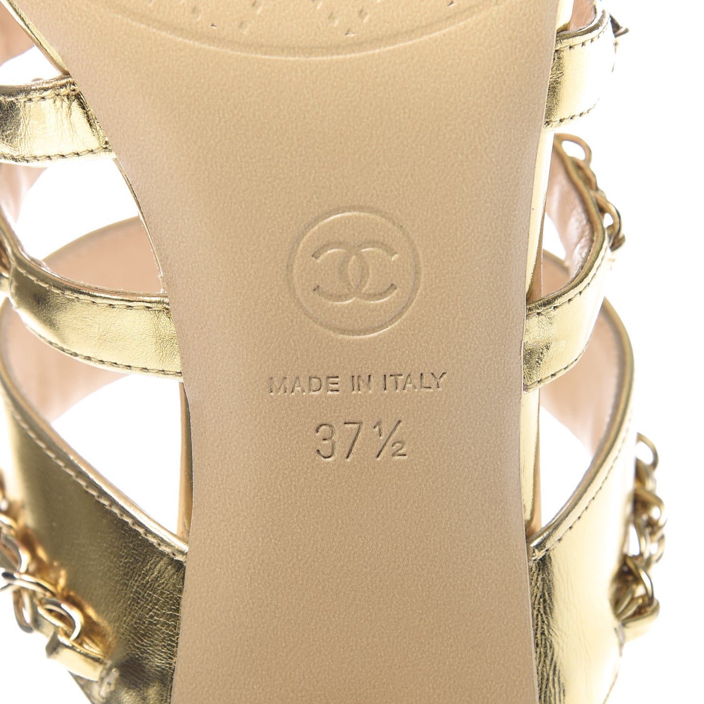 Laminated Lambskin Chain CC Mule Sandals 37.5 Gold