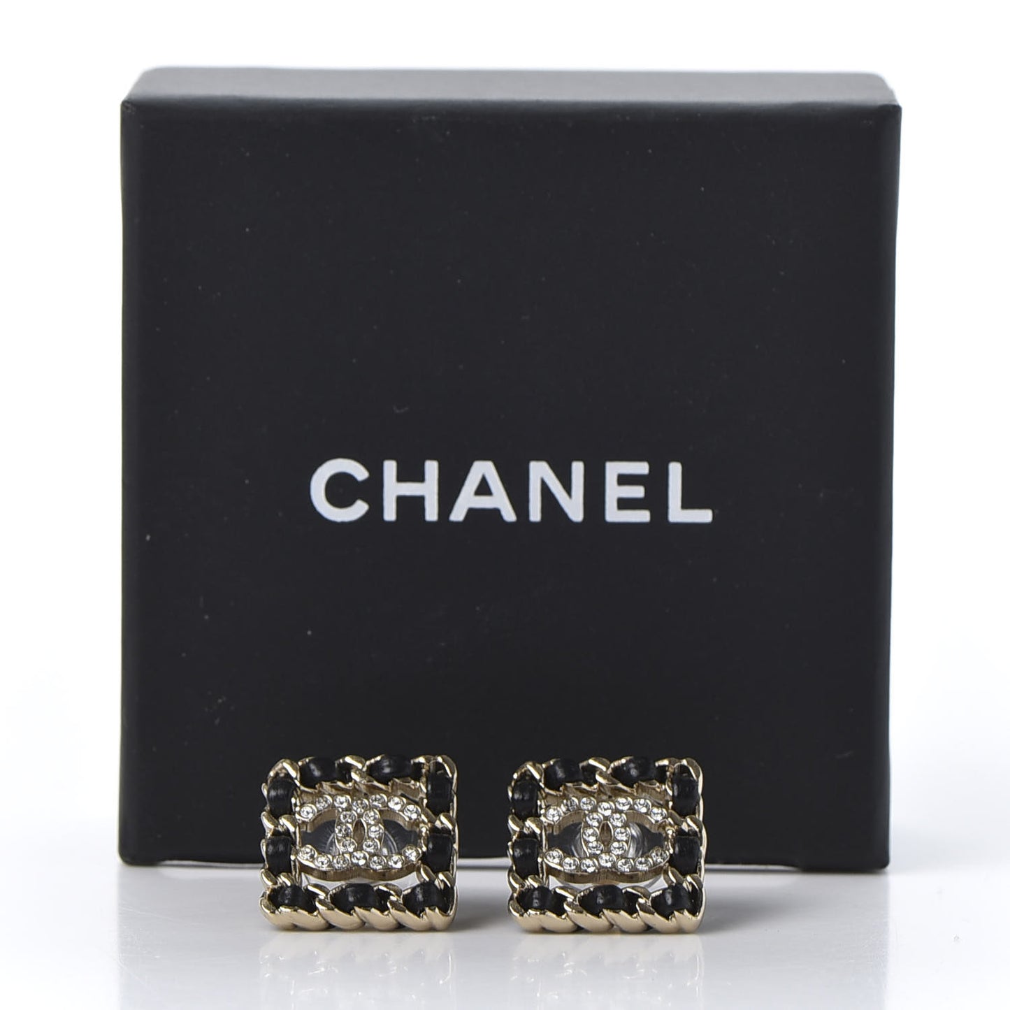 Crystal Lambskin Chain Sergeant Chanel Stud Earrings Black Gold