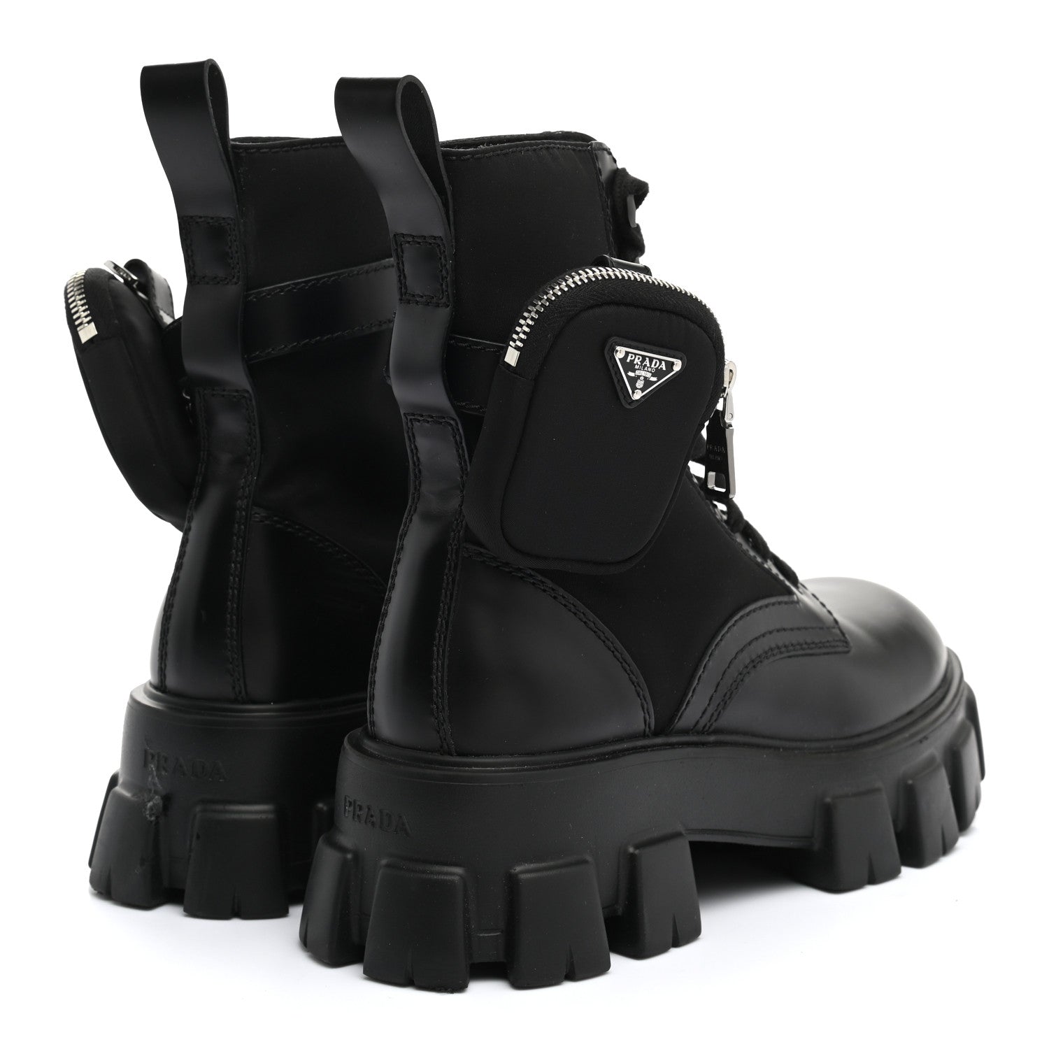 Prada Spazzolato Rois Re-Nylon Metal Triangle Logo Mens Monolith Pouch Pocket 60mm Combat Boots 7 Black 6 of 13