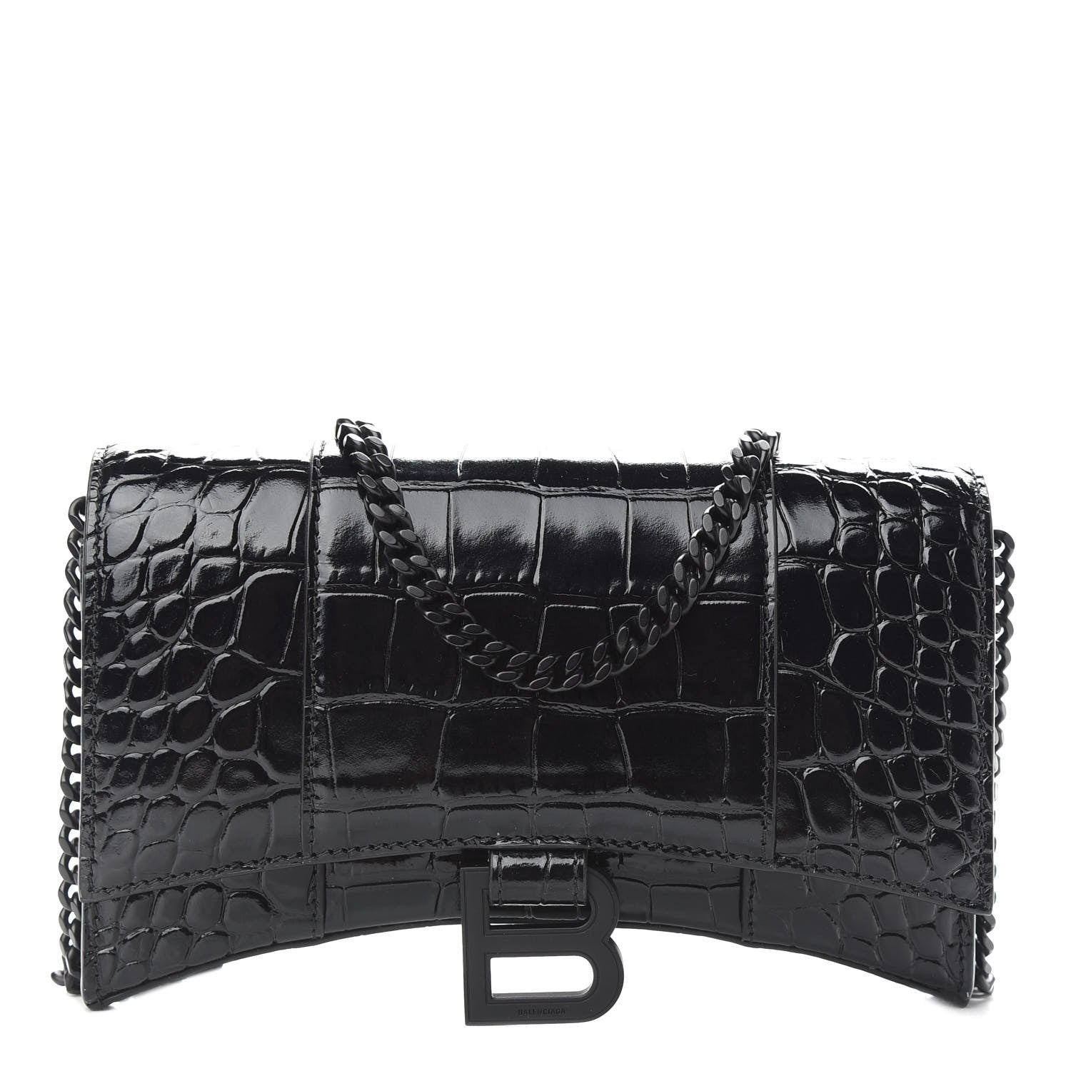 Balenciaga Shiny Calfskin Monochrome Crocodile Embossed Hourglass Chain Bag Black 1 of 8