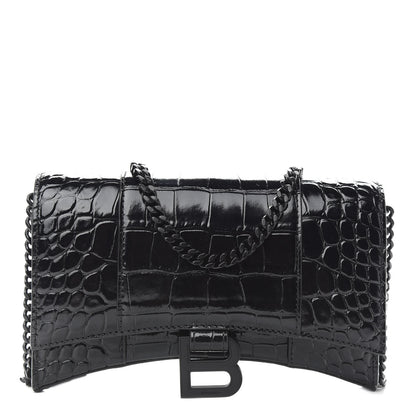 Balenciaga Shiny Calfskin Monochrome Crocodile Embossed Hourglass Chain Bag Black 1 of 8