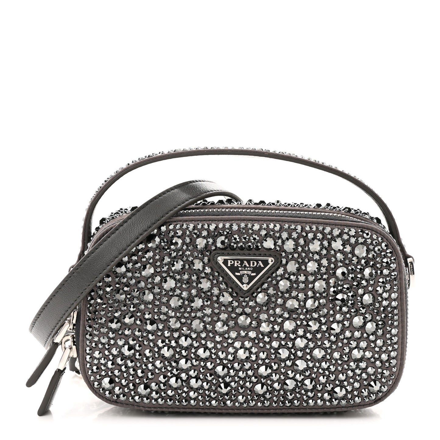 Satin Crystal Metal Triangle Logo Odette Crossbody Fumo