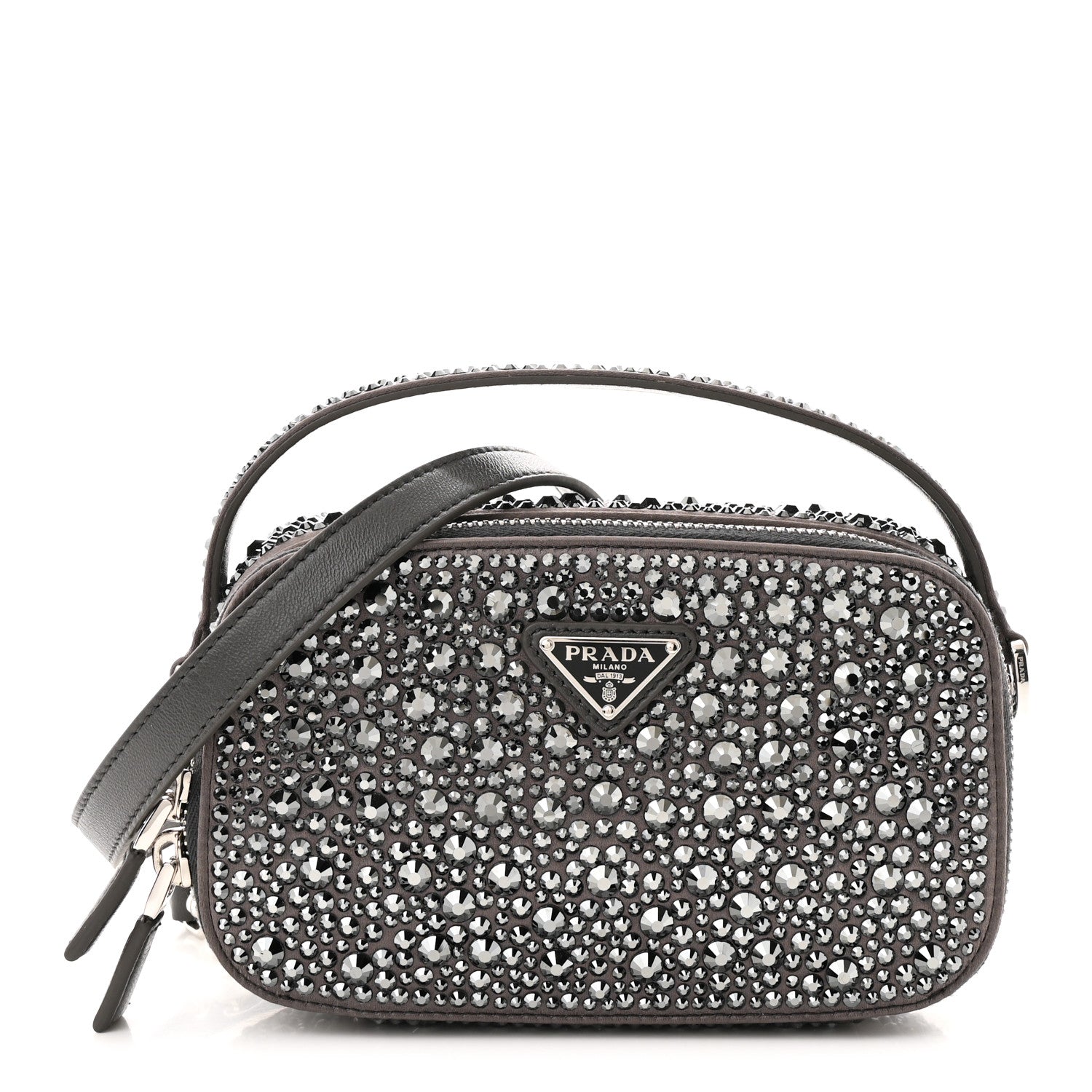 Prada Satin Crystal Metal Triangle Logo Odette Crossbody Fumo 1 of 10