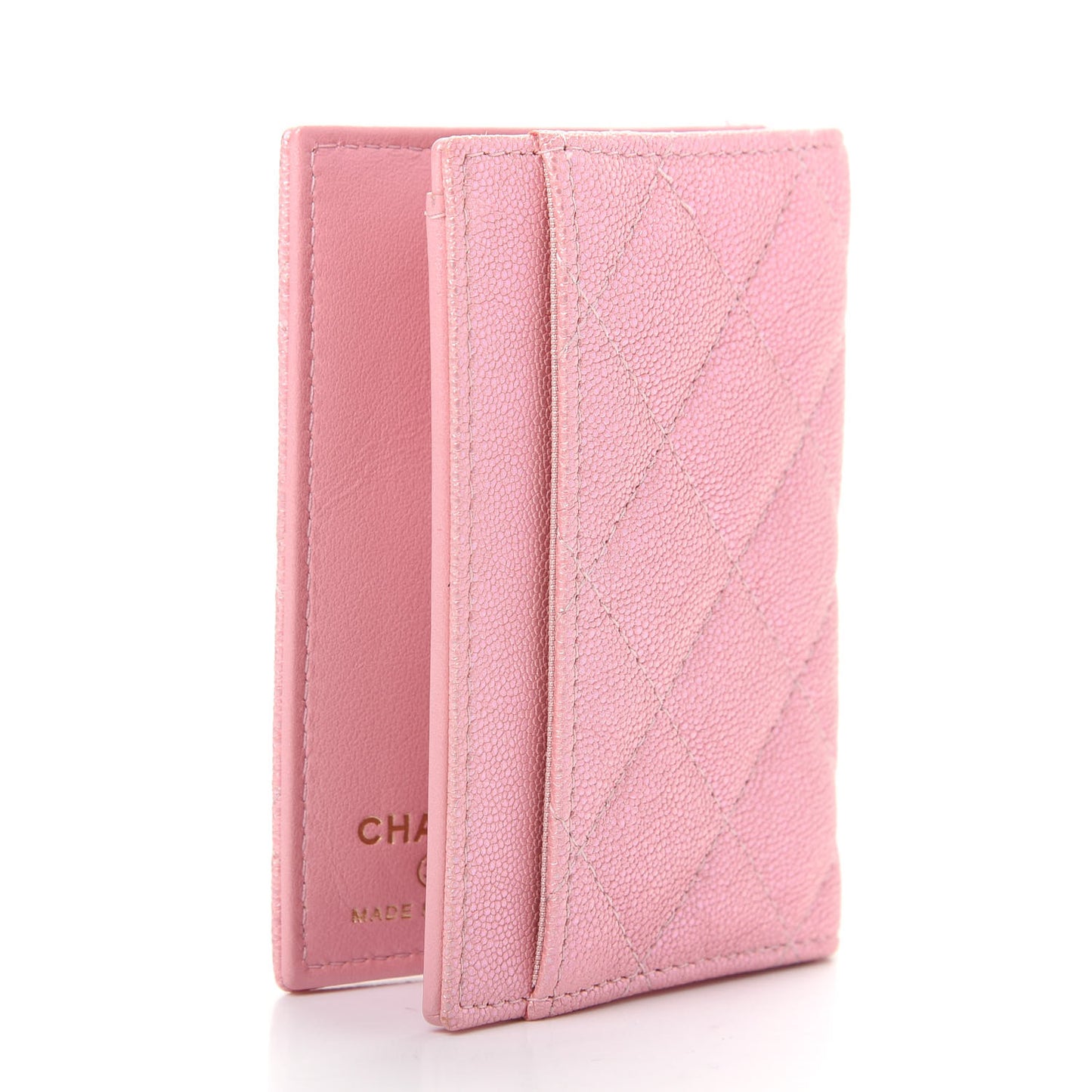 Iridescent Caviar Quilted Card Holder Wallet Rose Pink