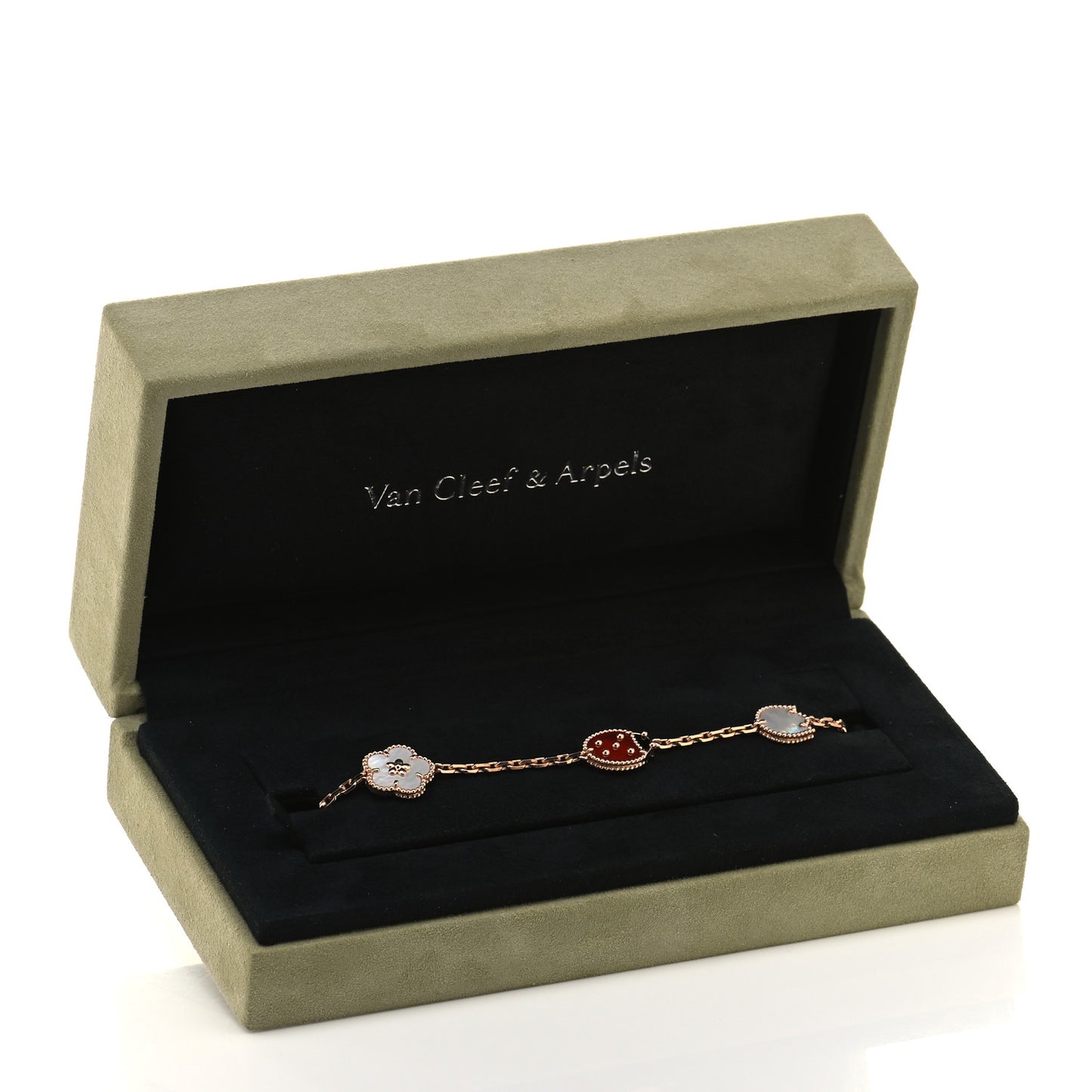 18K Rose Gold Carnelian Mother of Pearl Onyx 5 Motifs Lucky Spring Bracelet