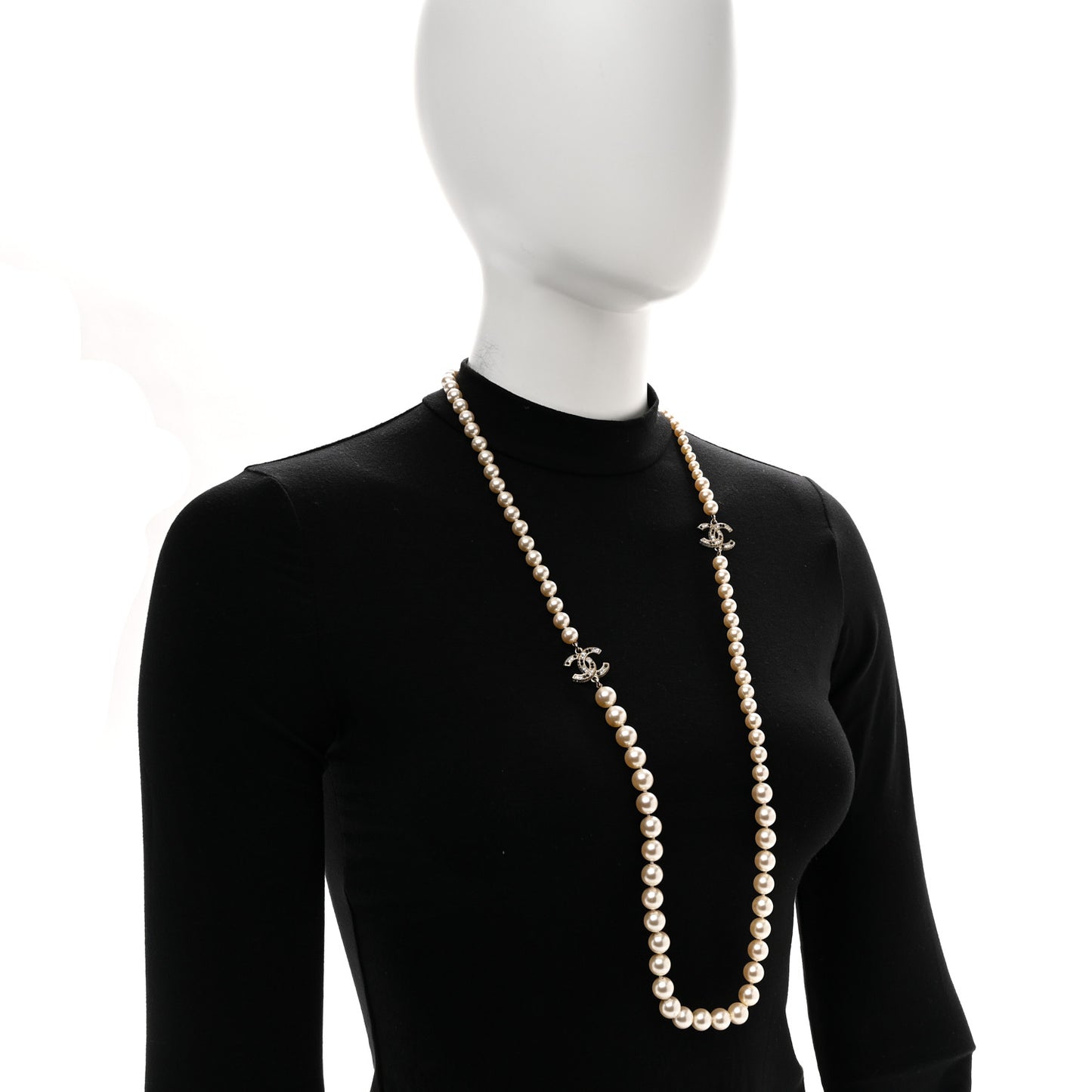 Baguette Crystal Pearl CC Long Necklace Black Gold