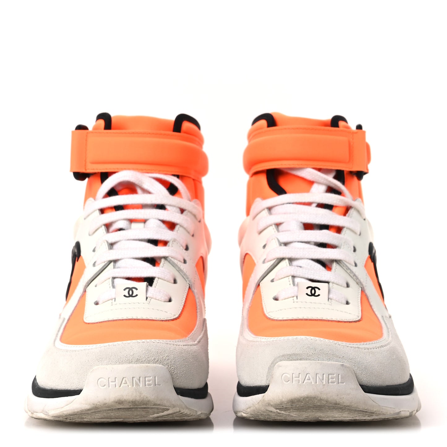 Suede Calfskin Lambskin Neoprene High Top CC Sneakers 39 White Fluo Orange