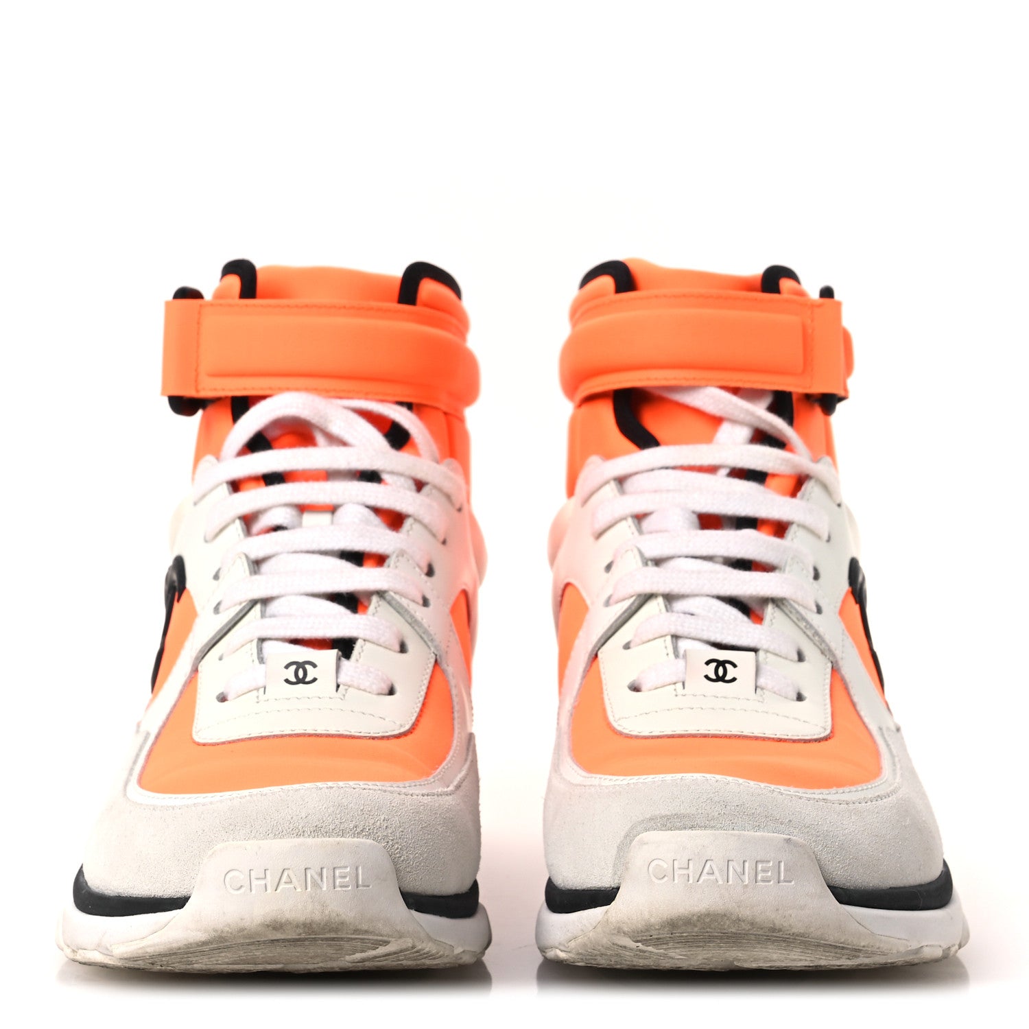 Chanel Suede Calfskin Lambskin Neoprene High Top CC Sneakers 39 White Fluo Orange 3 of 13