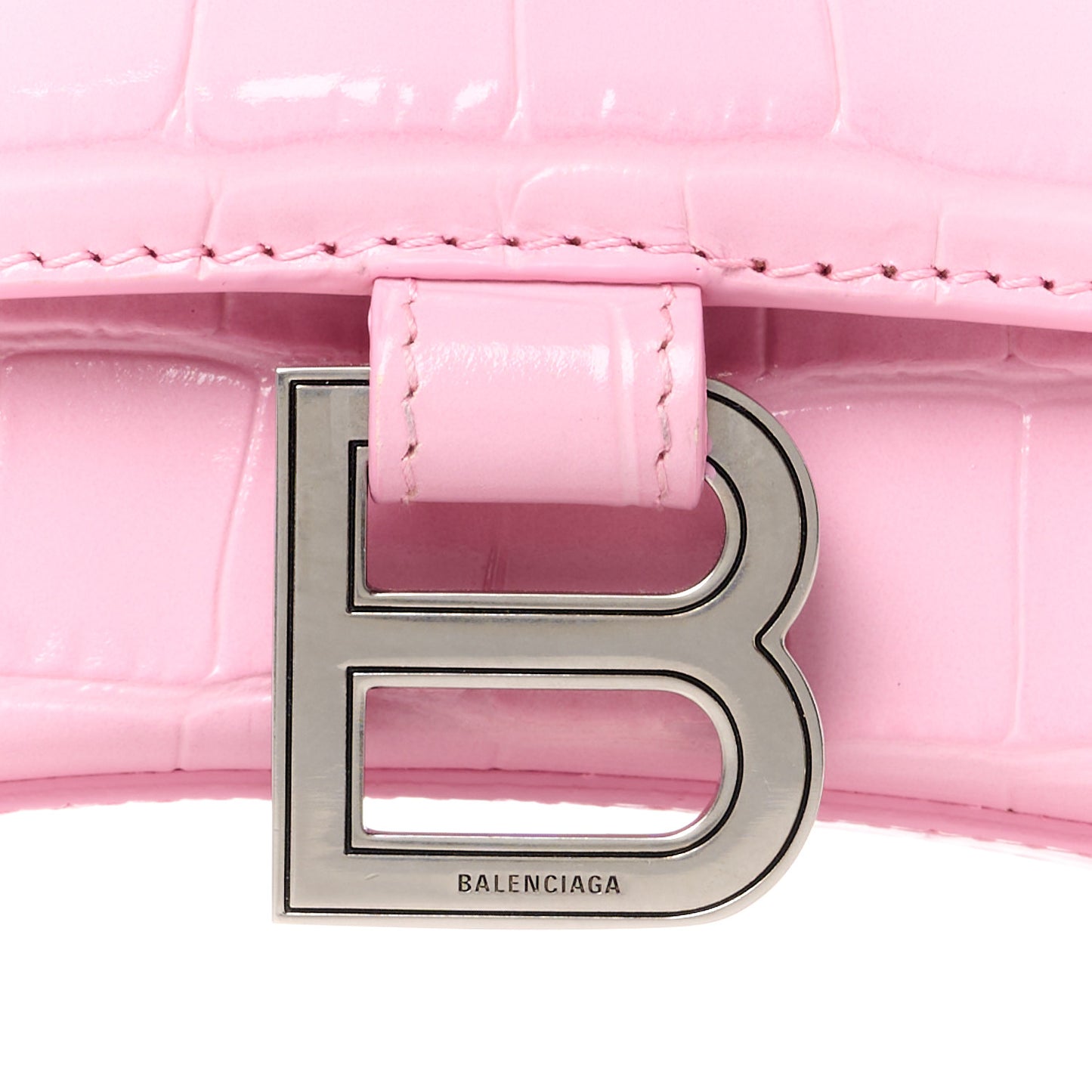 Semi Shiny Calfskin Crocodile Embossed Small Hourglass Top Handle Bag Candy Pink
