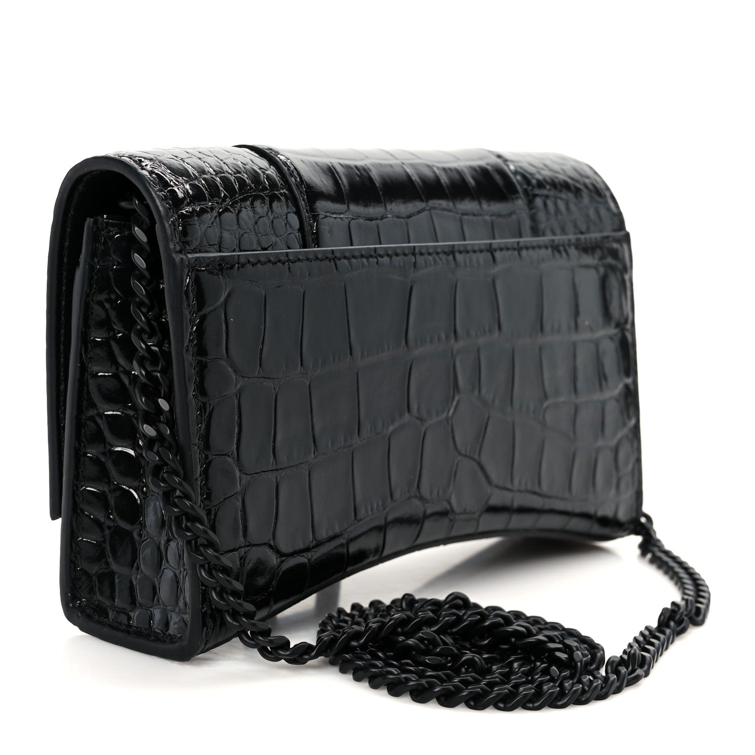Balenciaga Shiny Calfskin Monochrome Crocodile Embossed Hourglass Chain Bag Black 3 of 11