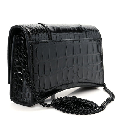 Balenciaga Shiny Calfskin Monochrome Crocodile Embossed Hourglass Chain Bag Black 3 of 11