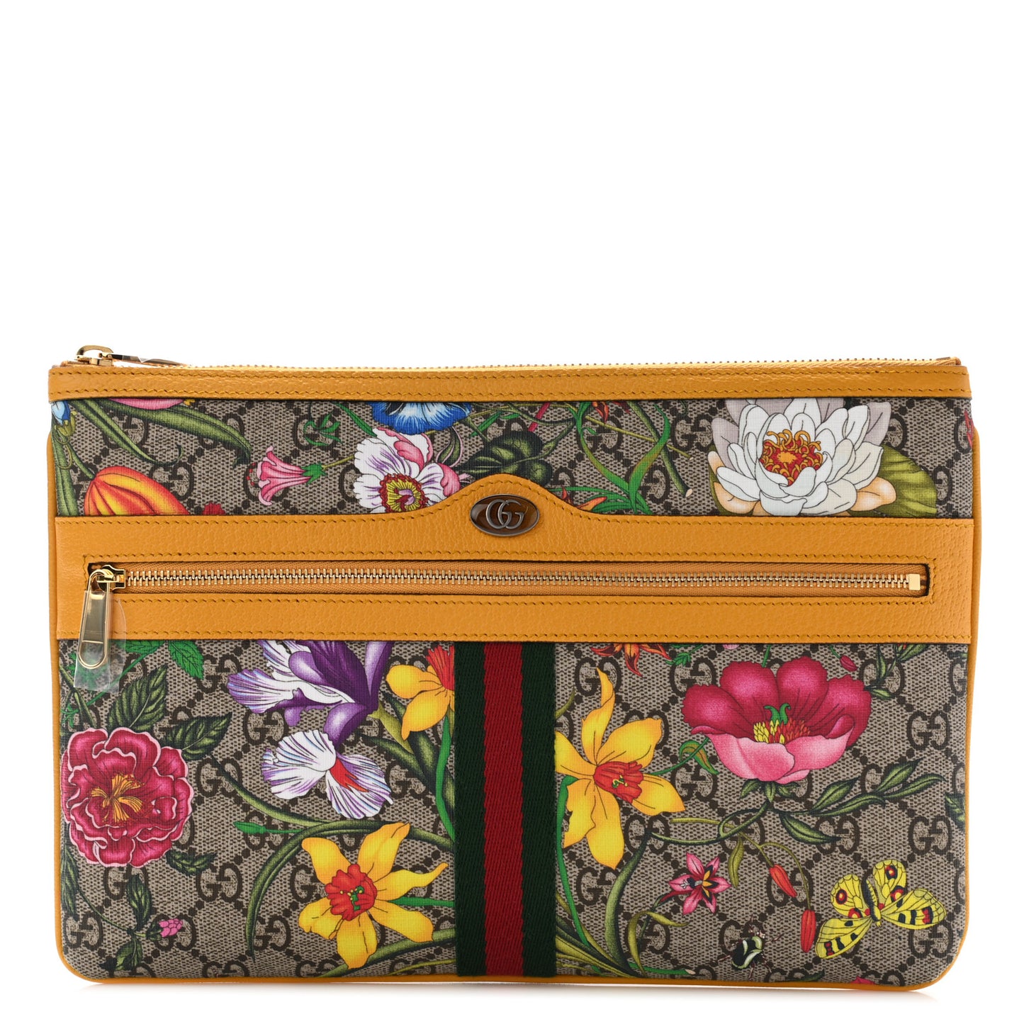 GG Supreme Monogram Flora Large Ophidia Pouch Clutch Beige Multicolor Crop