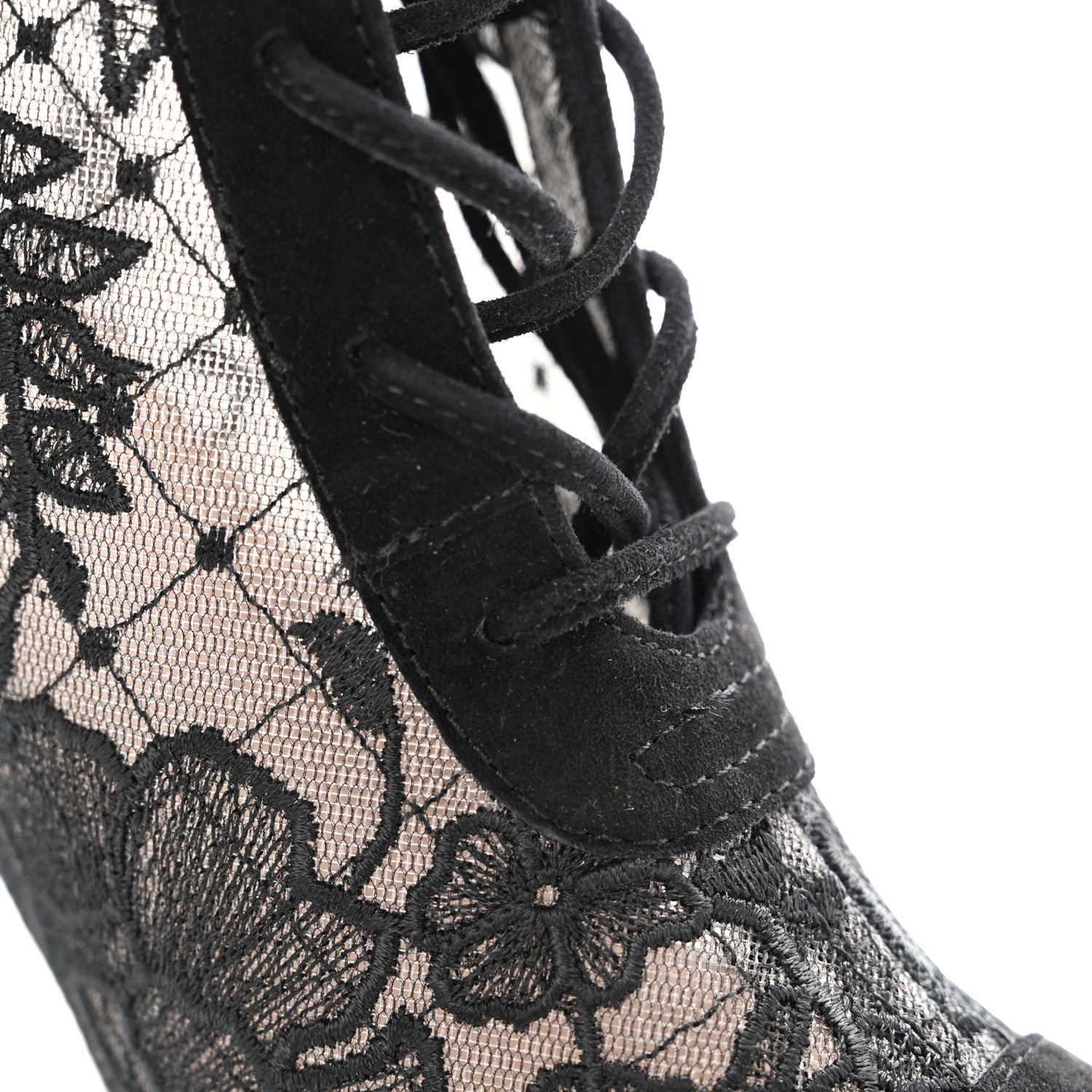 Christian Dior Suede Transparent Mesh Embroidered Roses Naughtily-D Heeled Lace Up Ankle Boots 36.5 Black 9 of 11