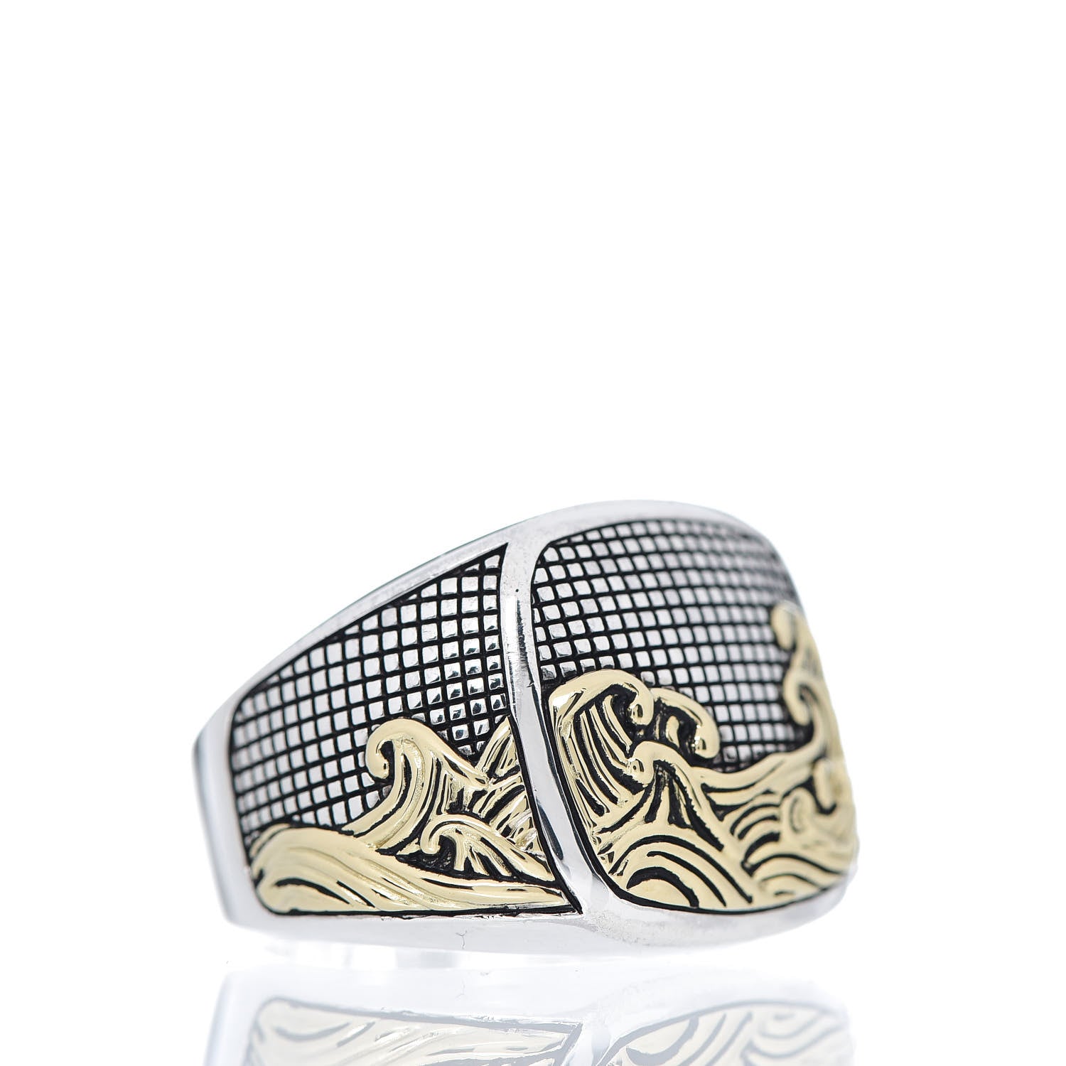 David Yurman Sterling Silver 18K Yellow Gold Waves Signet Ring 62 10 4 of 7