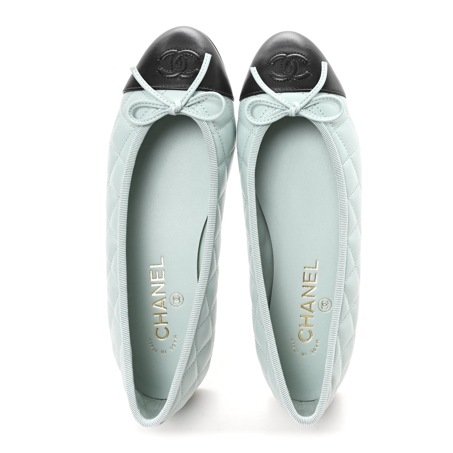 Lambskin Quilted CC Cap Toe Ballerina Flats 37.5 Light Blue Black