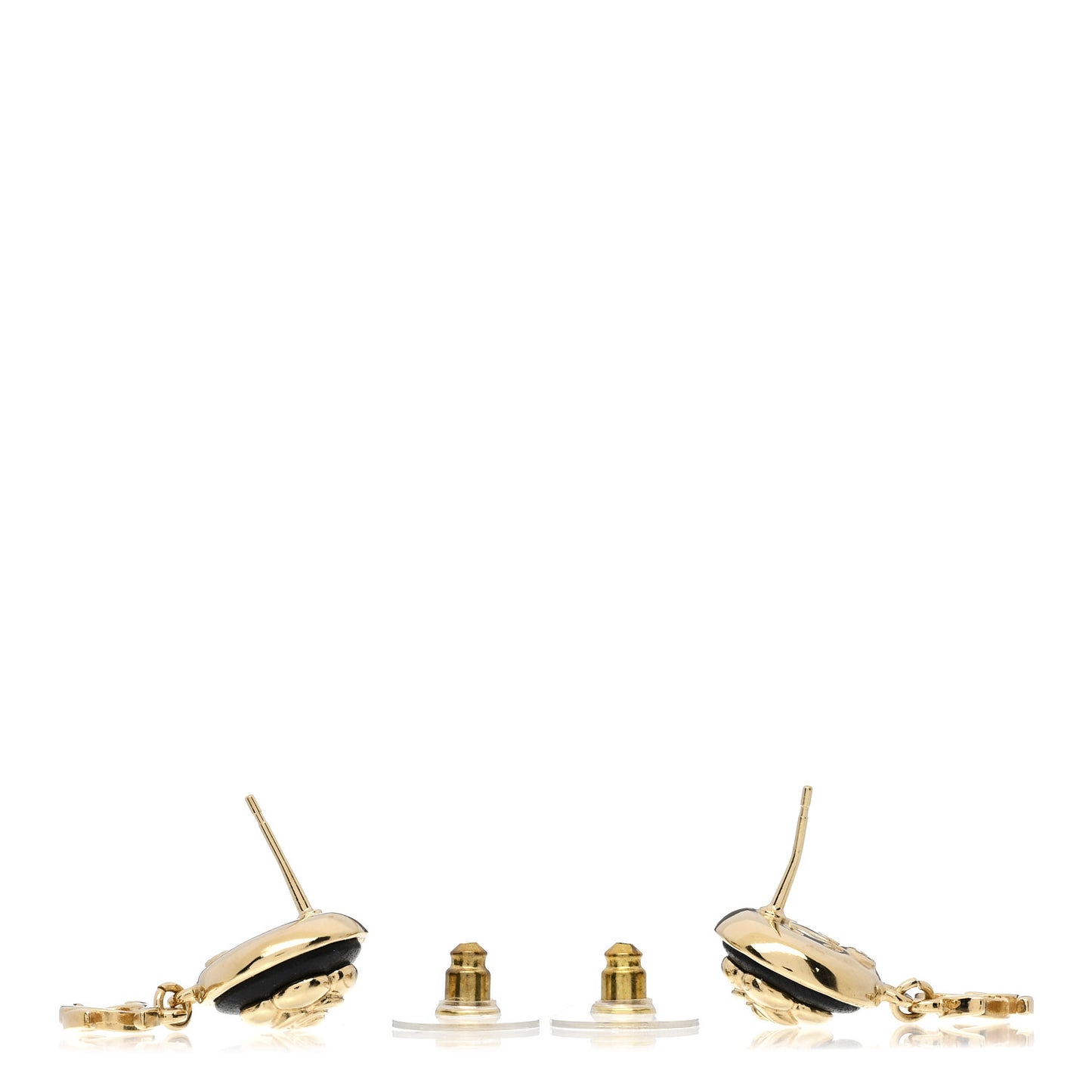 Metal Lambskin Camellia CC Drop Earrings Gold Black