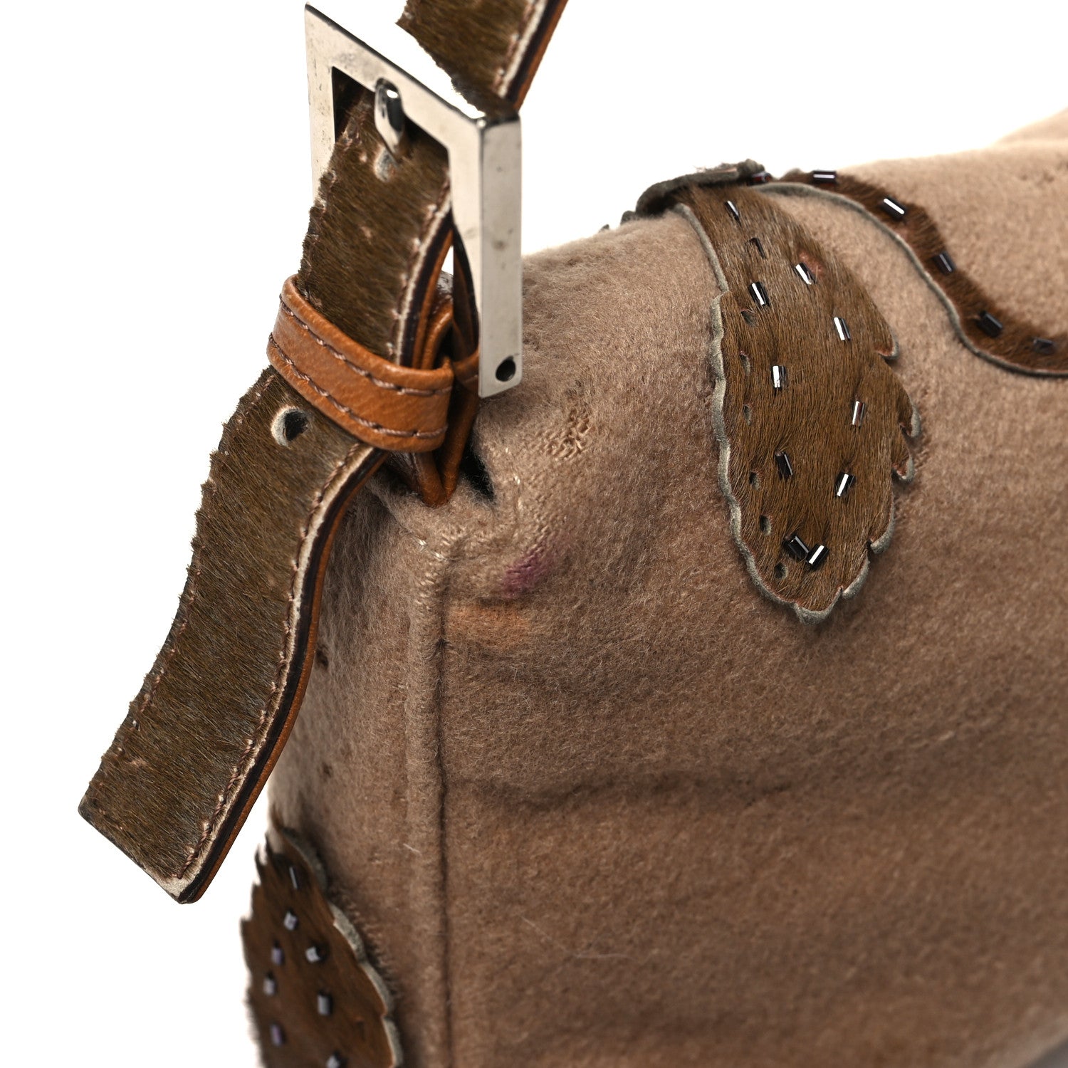 Fendi Wool Pony Hair Flower Applique Baguette Brown 11 of 14