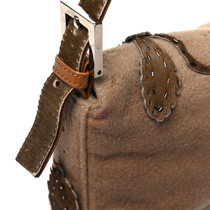 Fendi Wool Pony Hair Flower Applique Baguette Brown 11 of 14