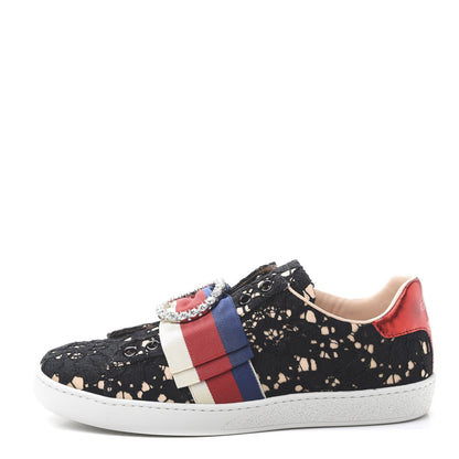 Gucci Lace Crystal Sylvie Web Flower Leaf Womens Ace Sneakers 35.5 Black Tan Beige 1 of 11