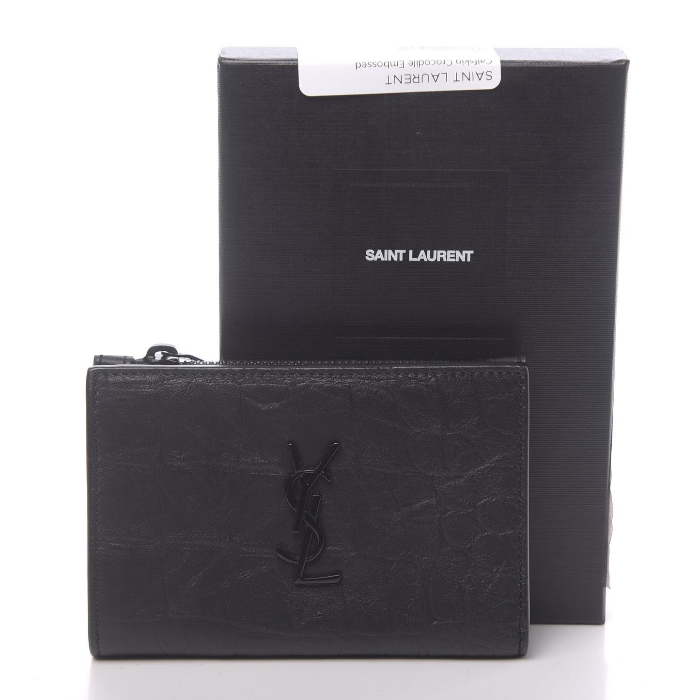Calfskin Crocodile Embossed Monogram Bi-Fold Zipped Wallet Black