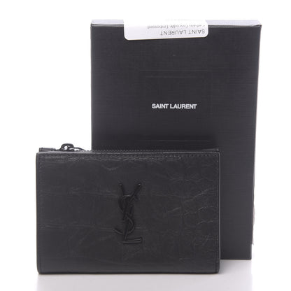Saint Laurent Calfskin Crocodile Embossed Monogram Bi-Fold Zipped Wallet Black 8 of 8