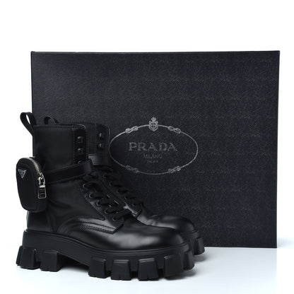 Prada Spazzolato Rois Re-Nylon Metal Triangle Logo Mens Monolith Pouch Pocket 60mm Combat Boots 8.5 Black 16 of 16