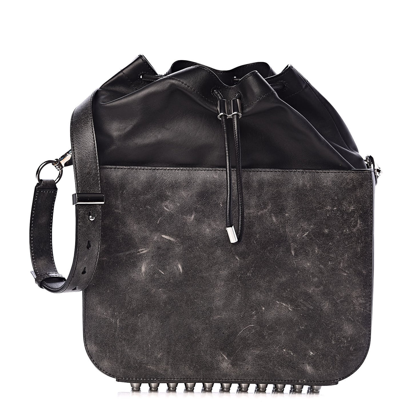 Distressed Calfskin Flat Drawstring Bucket Black