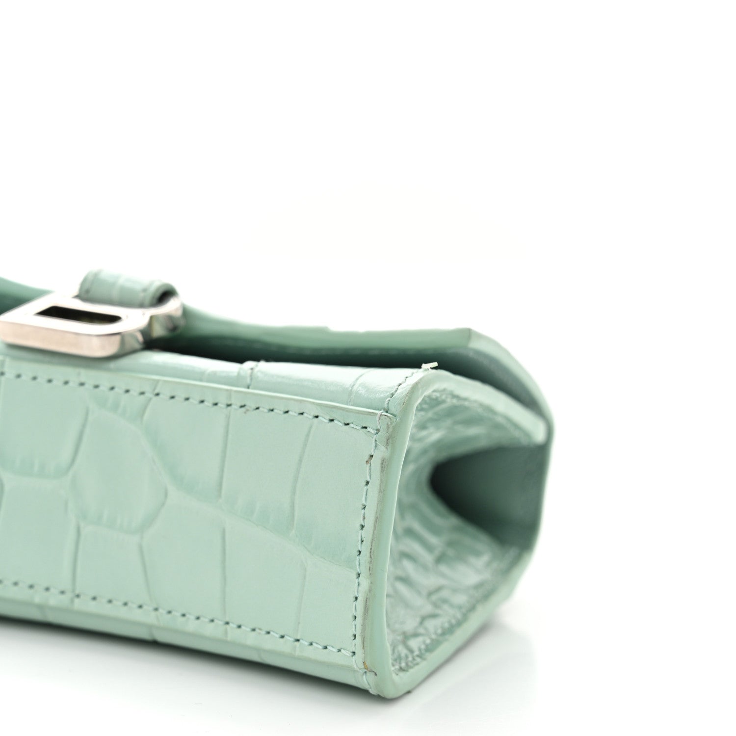 Balenciaga Shiny Calfskin Crocodile Embossed Hourglass Top Handle Bag Mini with Chain Green Acqua 10 of 11