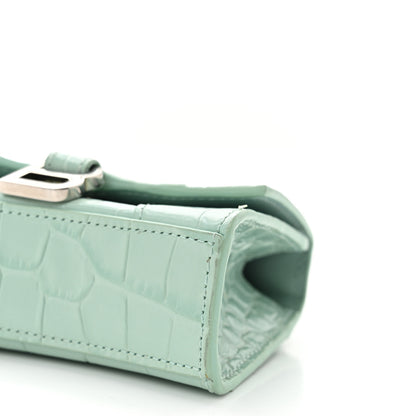Balenciaga Shiny Calfskin Crocodile Embossed Hourglass Top Handle Bag Mini with Chain Green Acqua 10 of 11