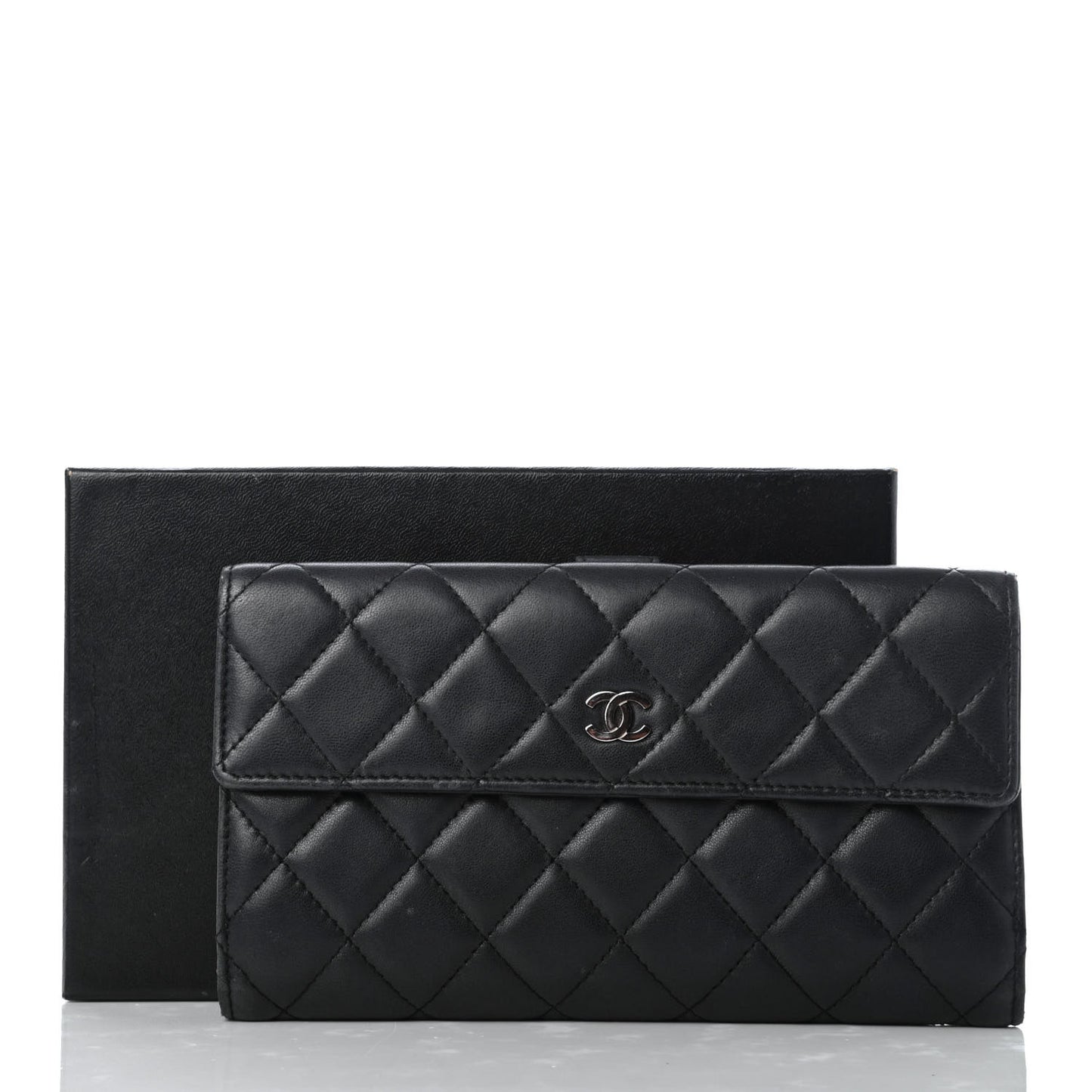 Lambskin Quilted Long Flap Wallet Black