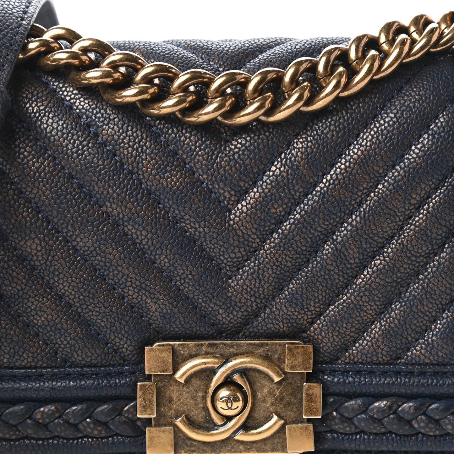 Patinated Caviar Chevron Braided Small Boy Flap Navy Blue
