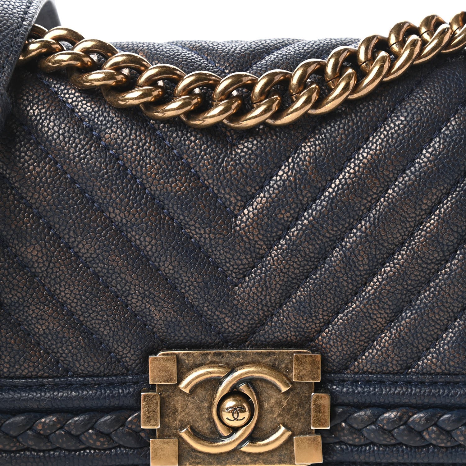 Chanel Patinated Caviar Chevron Braided Small Boy Flap Navy Blue 10 of 10