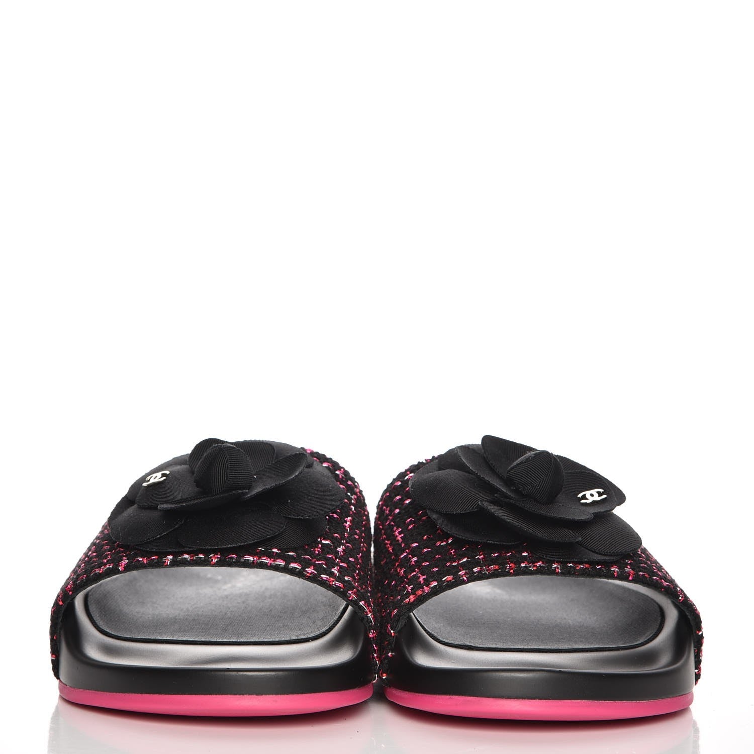 Chanel Tweed Grosgrain Camellia CC Flat Mules 37 Black Pink 2 of 9