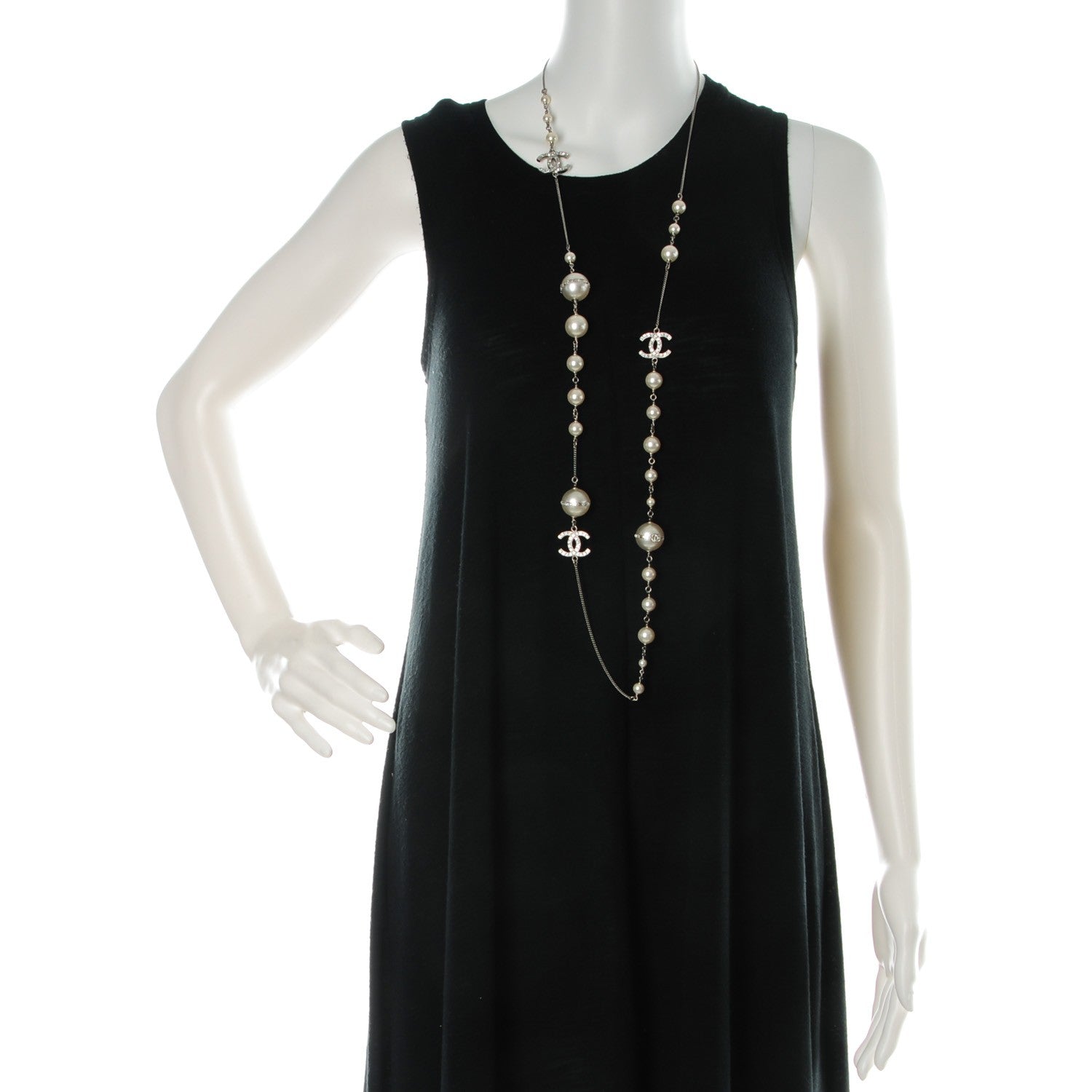 Chanel Baguette Crystal Pearl CC Long Necklace Silver 2 of 5