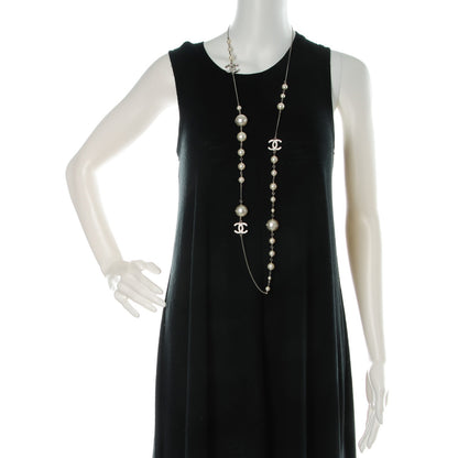 Chanel Baguette Crystal Pearl CC Long Necklace Silver 2 of 5