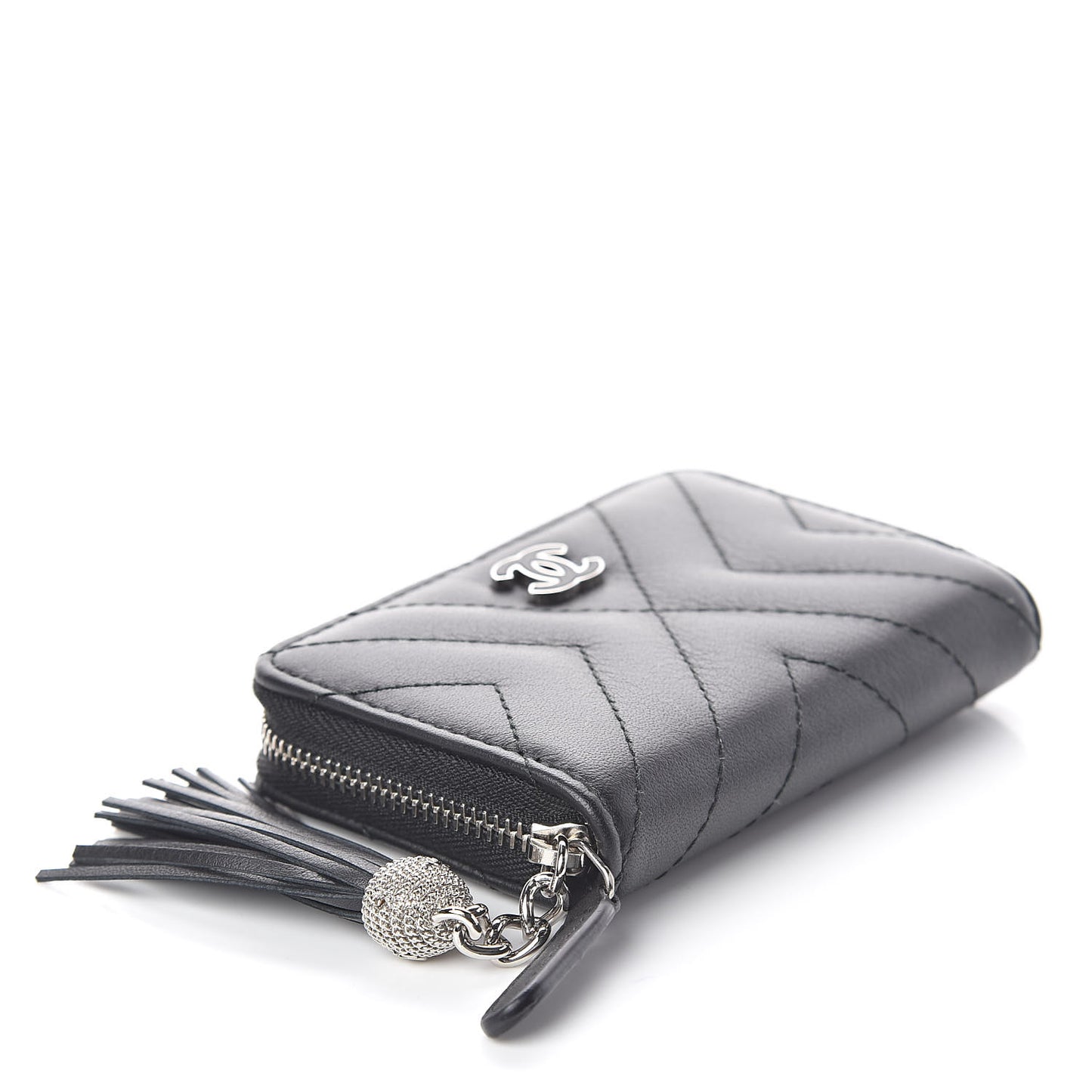 Calfskin Chevron Quilted Tassel Zip Around Coin Purse Black