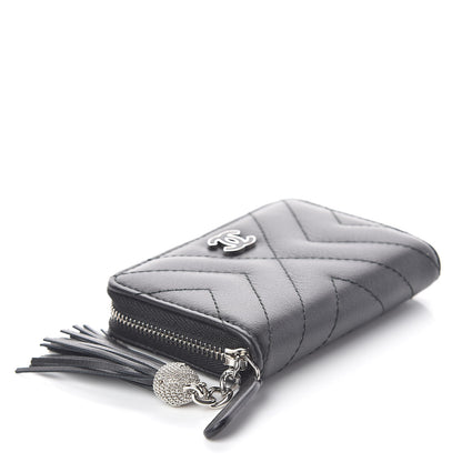 Chanel Calfskin Chevron Quilted Tassel Zip Around Coin Purse Black 4 of 7