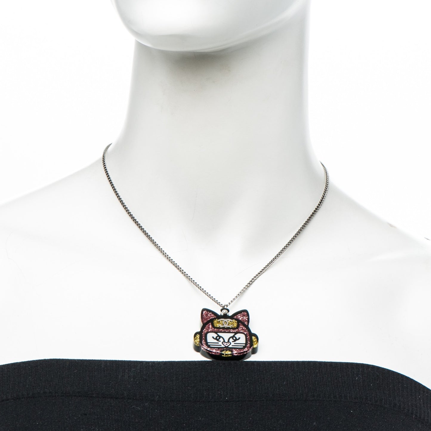 Glitter Crystal Robot Cat Necklace Black PInk