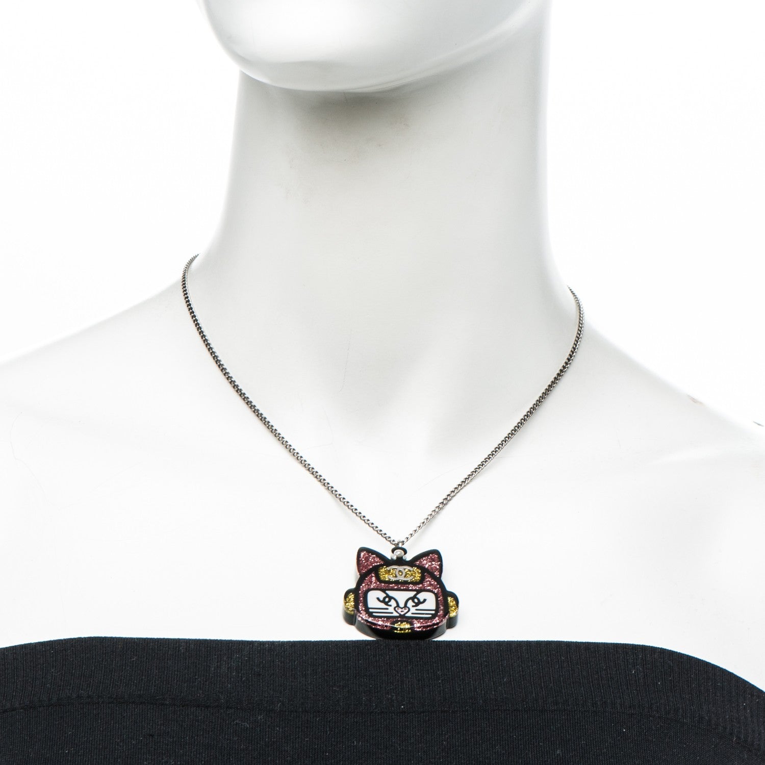 Chanel Glitter Crystal Robot Cat Necklace Black PInk 2 of 6