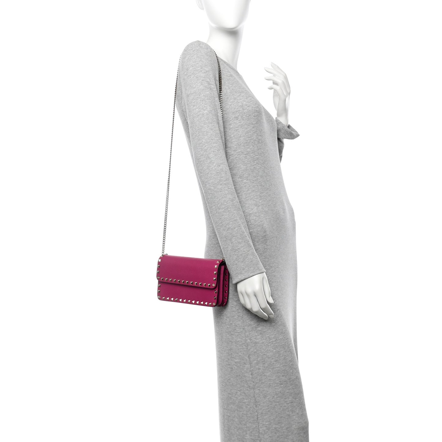 Pebbled Calfskin Rockstud Flap Wallet On Chain Rose Violet