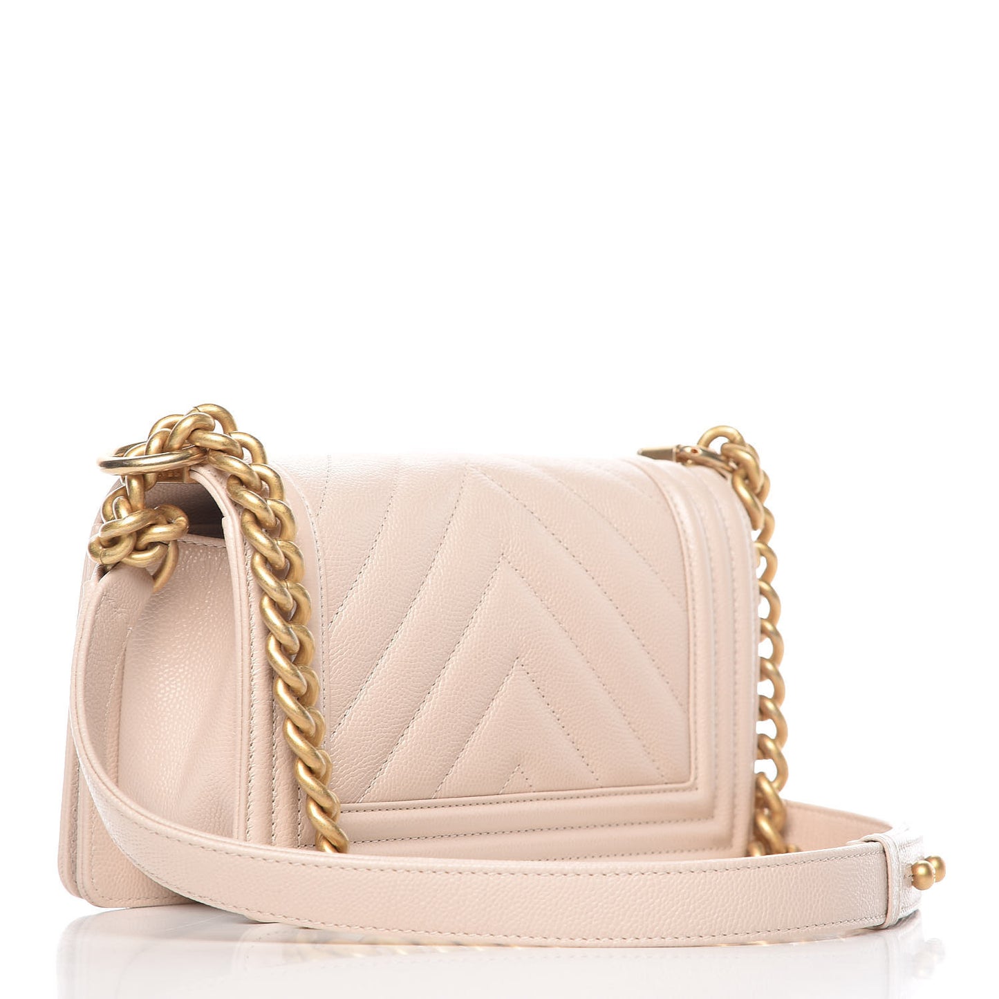 Caviar Chevron Quilted Small Boy Flap Light Beige