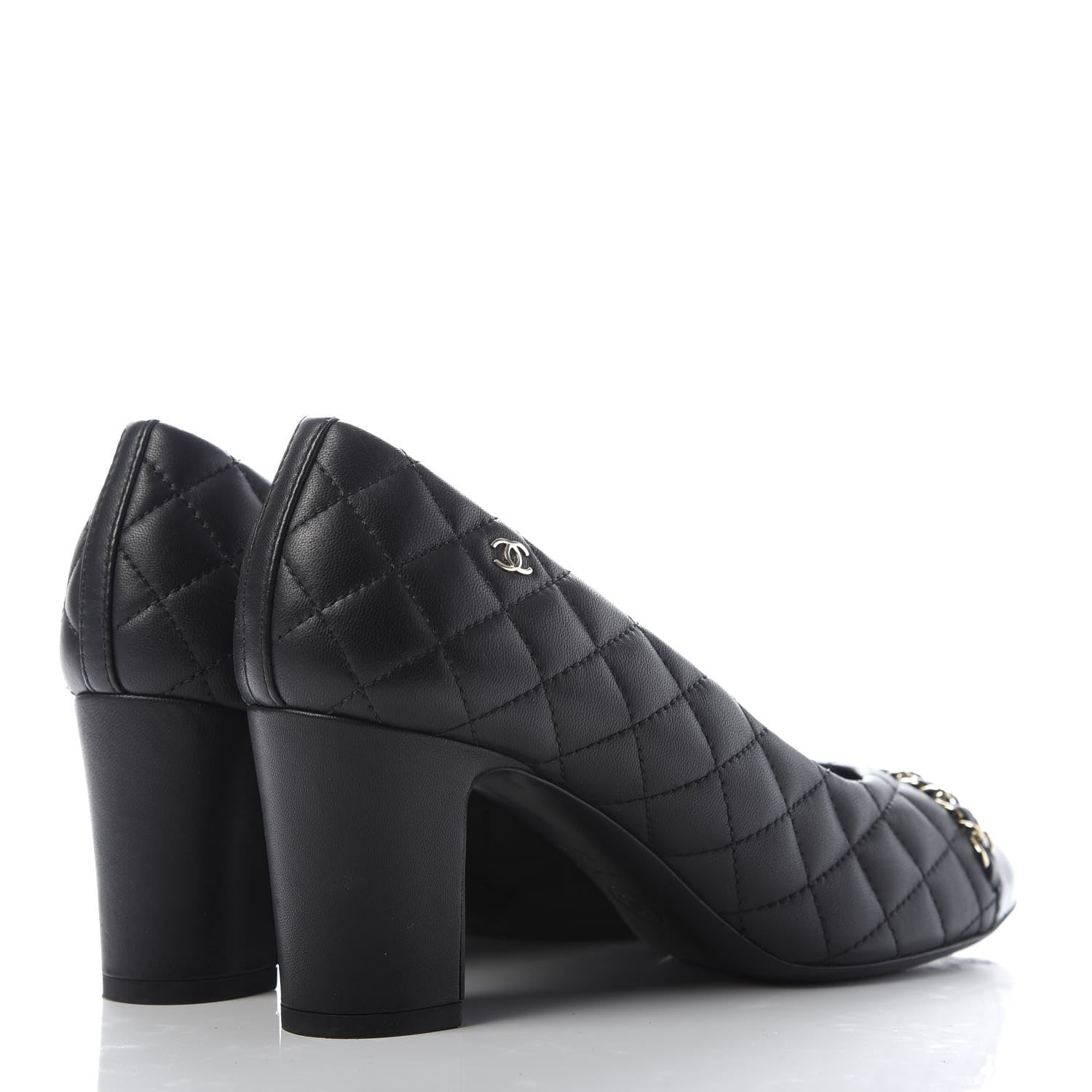 Chanel Lambskin Patent Cap Toe Chain Pumps 37.5 Black 4 of 10