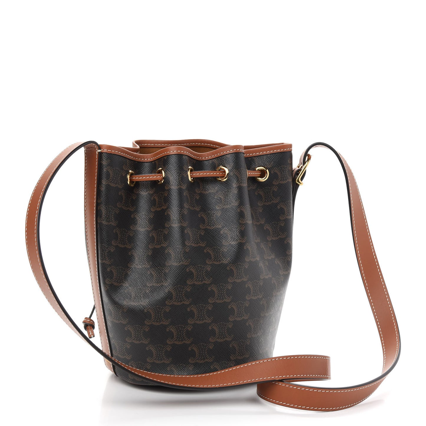 Triomphe Canvas Calfskin Small Drawstring Bucket Bag Tan