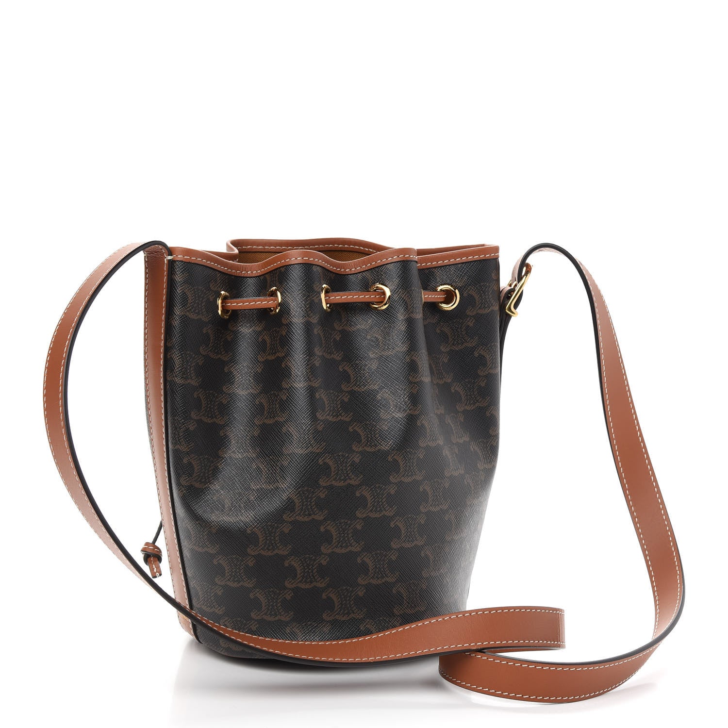 Celine Triomphe Canvas Calfskin Small Drawstring Bucket Bag Tan 3 of 10