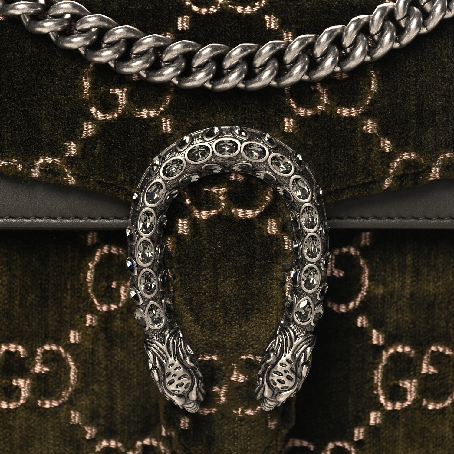Gucci Velvet Moon Calfskin Crystal GG Monogram Small Dionysus Shoulder Bag Dark Olive Rose Gold 8 of 10