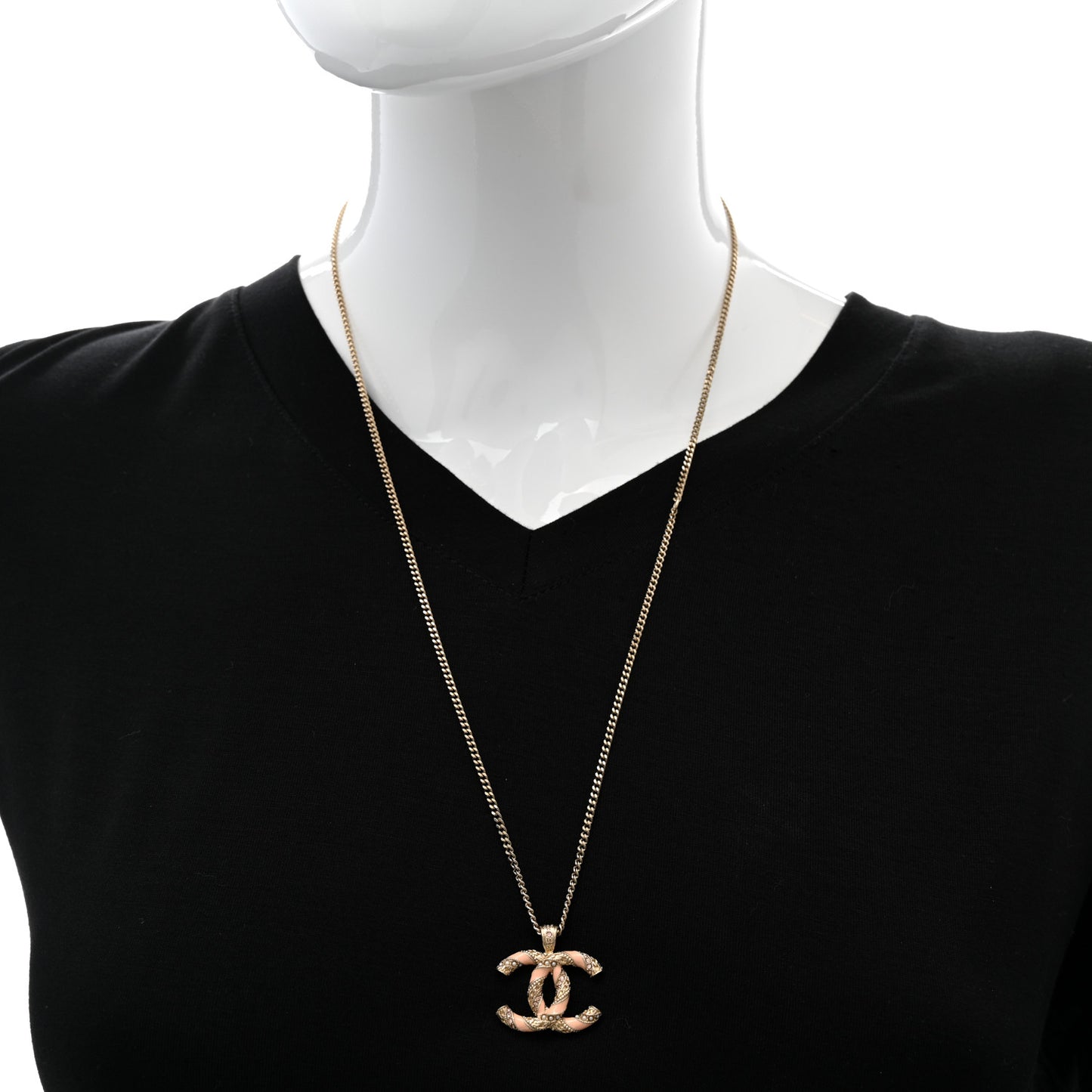 Enamel Pearl Crystal Twisted CC Necklace Gold Pale Pink