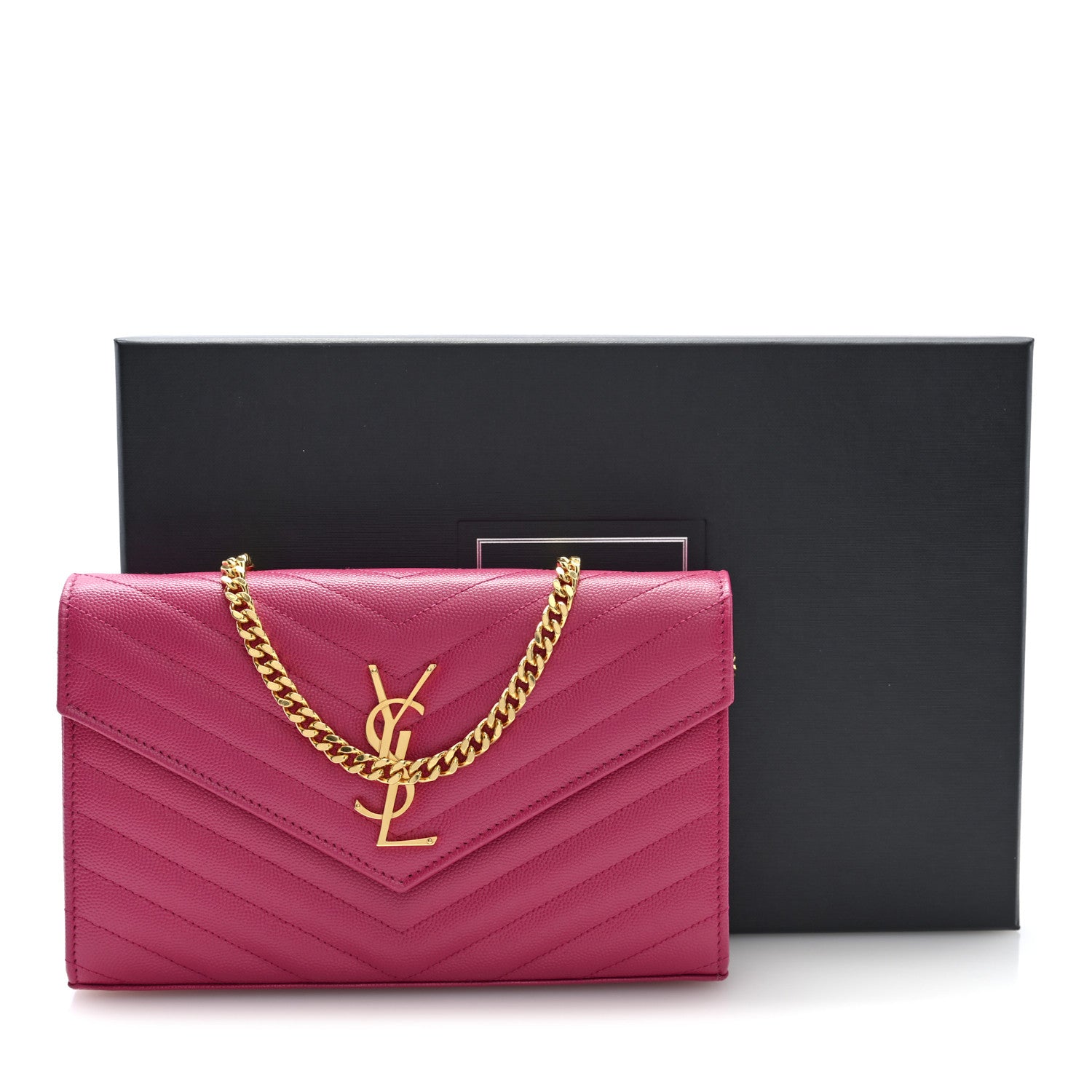 Saint Laurent Grain De Poudre Matelasse Chevron Monogram Chain Wallet Hot Pink 10 of 10