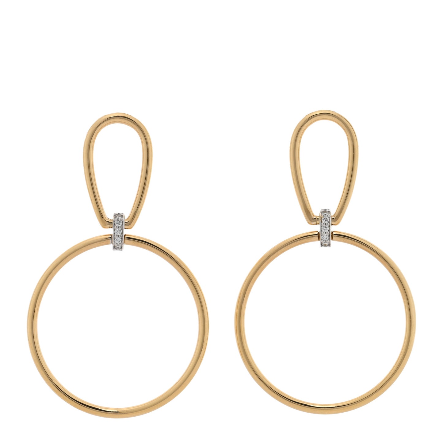 18K Yellow White Gold Diamond Open Stirrup and Circle Drop Earrings