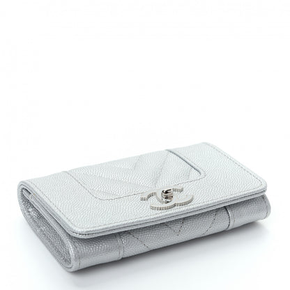 Chanel Metallic Caviar Chevron Quilted Vintage Mademoiselle Flap Card Holder Silver 4 of 9